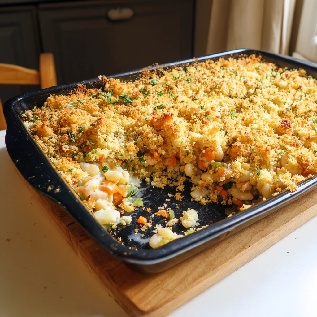 Фасоль с овощами под хрустящей хлебной крошкой