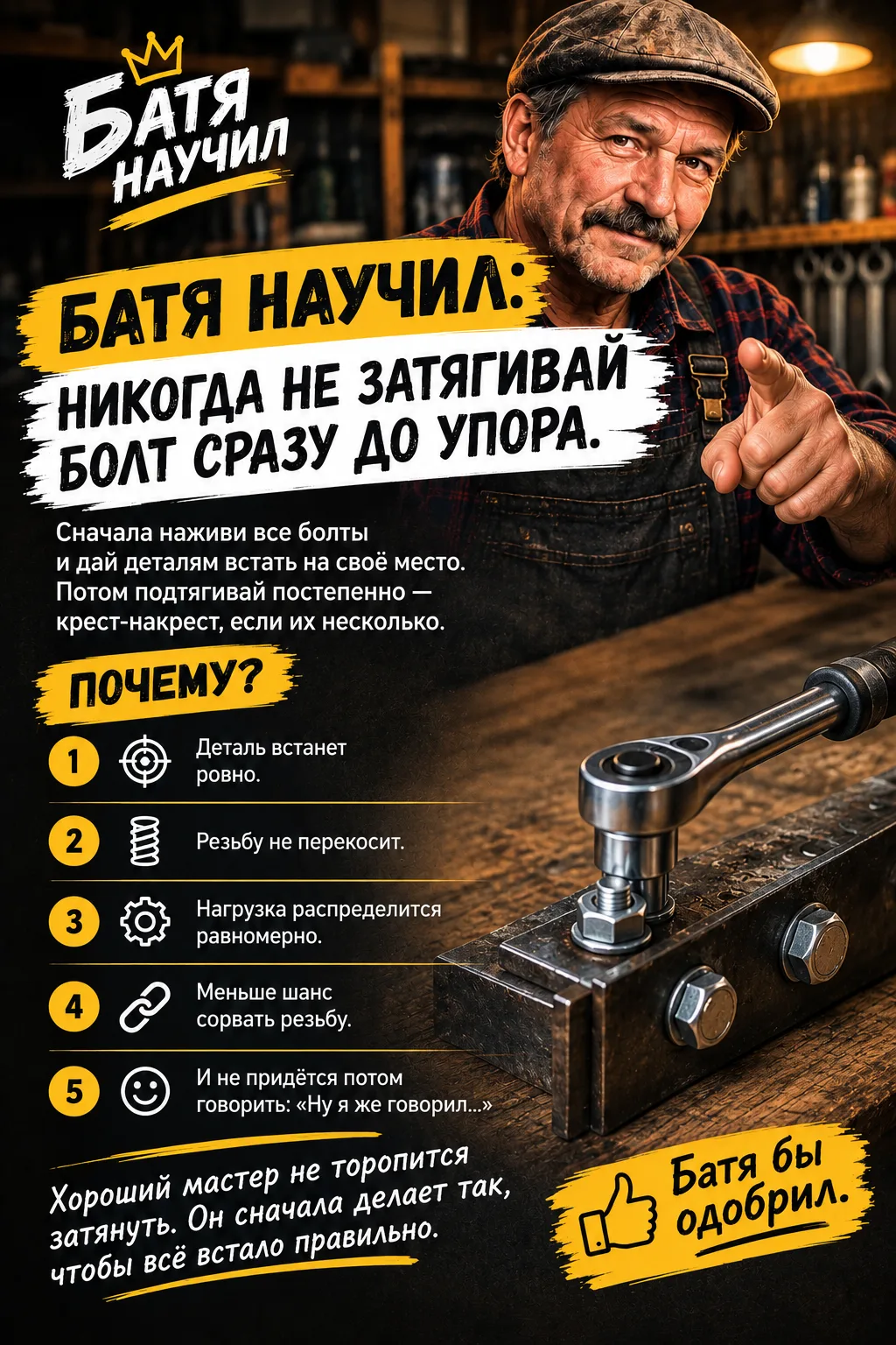 🔧 Батя научил: никогда не затягивай болт сразу до упора.