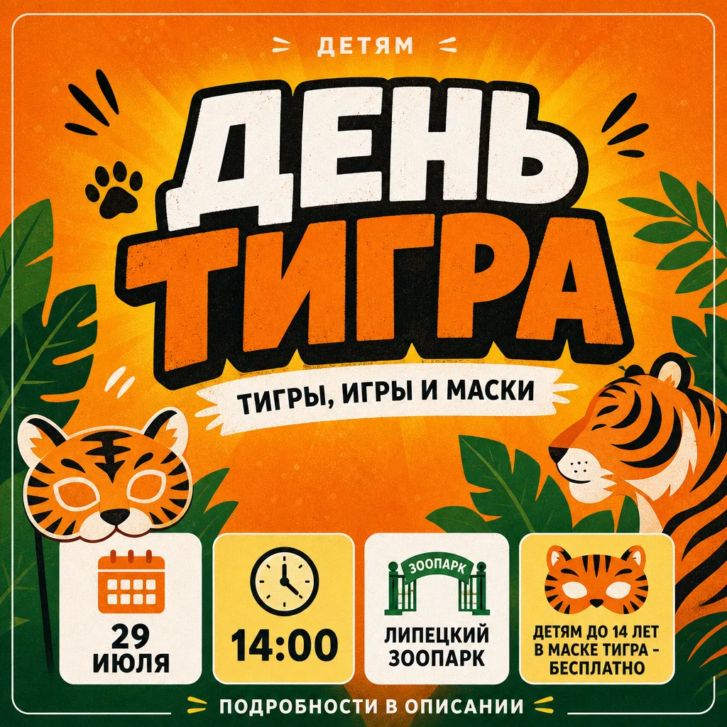 Праздник День тигра

🗓 Дата: #29июля | 🕖 Время: 14:00  
📍 Место: Липецкий зоопарк

Липецкий зоопа