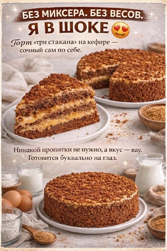 ТОРТ БЕЗ МИКСЕРА, БЕЗ ВЕСОВ, А РЕЗУЛЬТАТ ПРОСТО ПОТРЯСАЮЩИЙ. КОРЖИ СОЧНЫЕ И МЯГКИЕ САМИ...