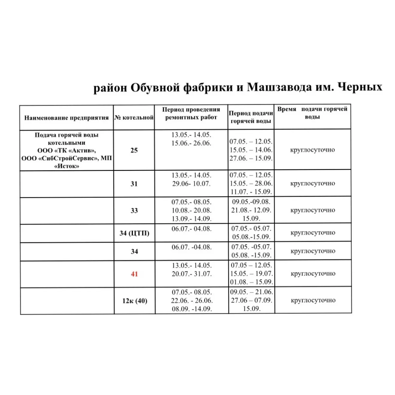 График подачи горячей воды коммунальными котельными города в летний период 2026 года.  Возможны изме