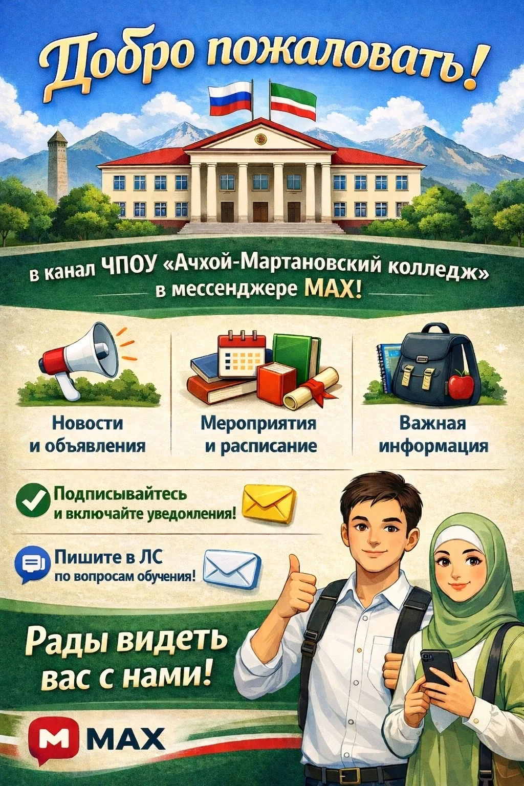 Добро пожаловать в официальный канал ЧПОУ «Ачхой-Мартановский колледж» в мессенджере MAX!