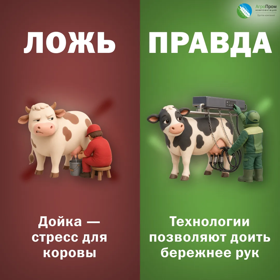 ЛОЖЬ И ПРАВДА ⚖️ 

«Корове точно приятно, когда её доят?»

Да! Дойка для неё — это комфорт и забота.