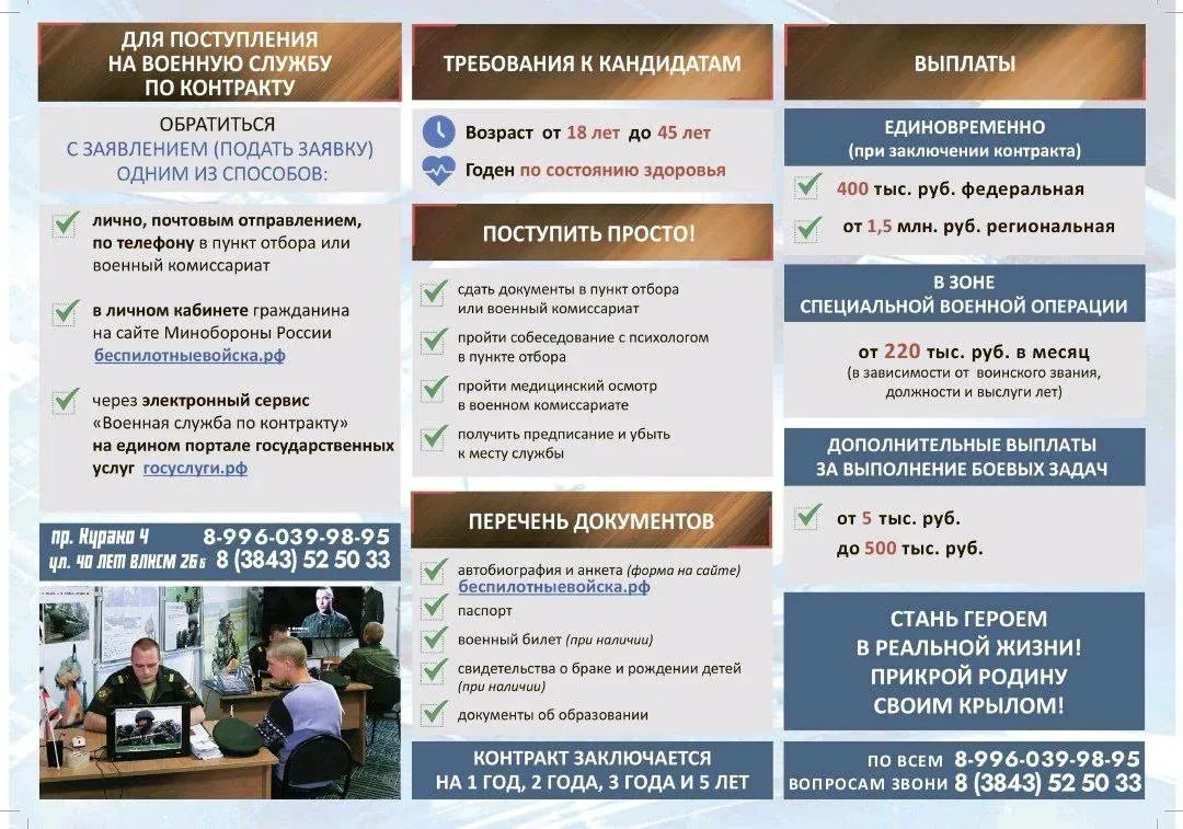 Служи по контракту в войсках беспилотных систем

✅ Требования к кандидатам
✅ Перечень документов
✅ В