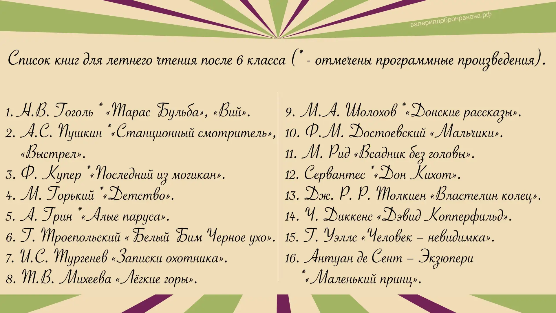 Список книг для летнего чтения после 6-го класса. Список можно скачать под постом. Карт...