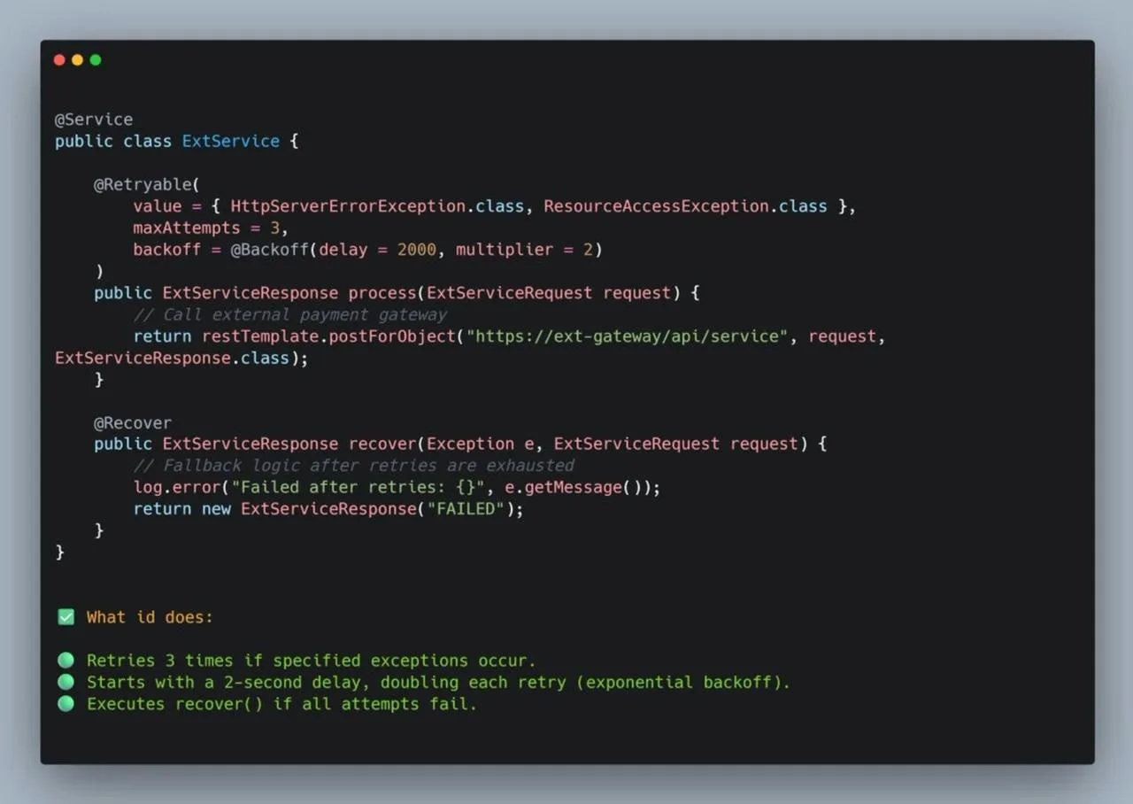 Совет по Java Spring Boot: используйте @Retryable для обработки нестабильных внешних се...