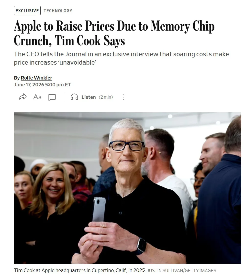 ⚡️ Apple резко ПОВЫСИТ ЦЕНЫ на iPhone, MacBook и всю технику — официально объявил Тим Кук 

Причина 