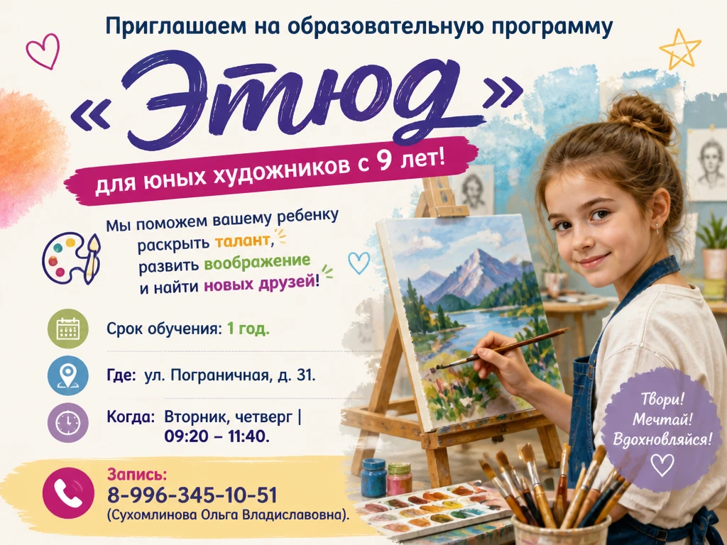 🎨 Приглашаем на образовательную программу «Этюд» для юных художников с 9 лет!