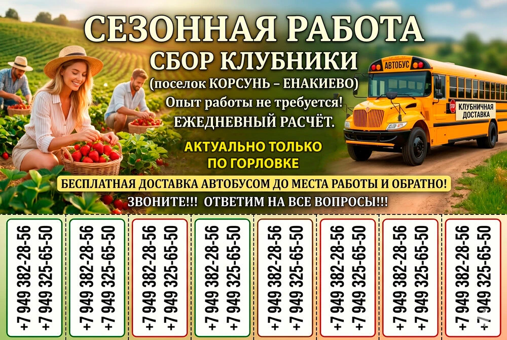 📢 Сезонная работа – сбор клубники 🍓
📍 посёлок Корсунь (в сторону Енакиево)

✅ Приглашаем жителей 