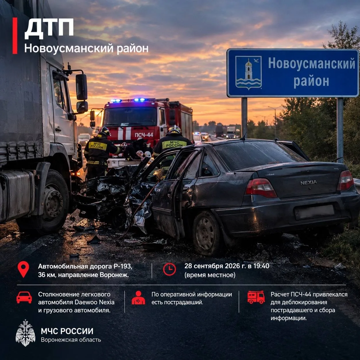 🚨 Человека деблокировали из автомобиля после ДТП в Новоусманском районе.