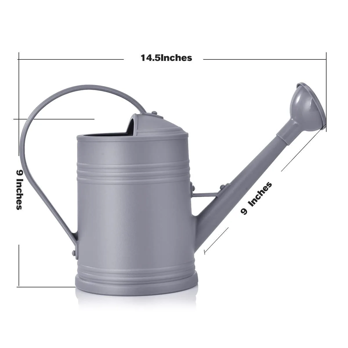 Model Appearance — matte gray metal watering can, cylindrical body with subtle horizontal ridges nea
