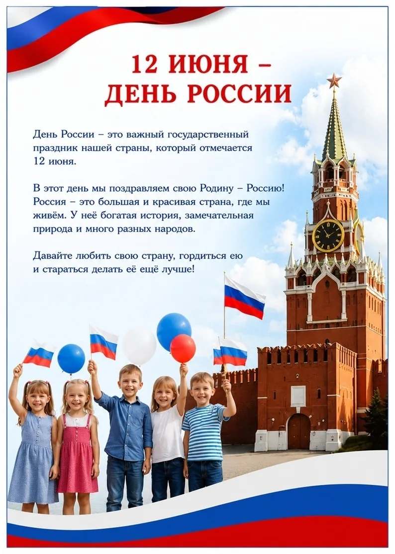 День России — государственный праздник, который ежегодно отмечают 12 июня. 
В этот день по всей Росс