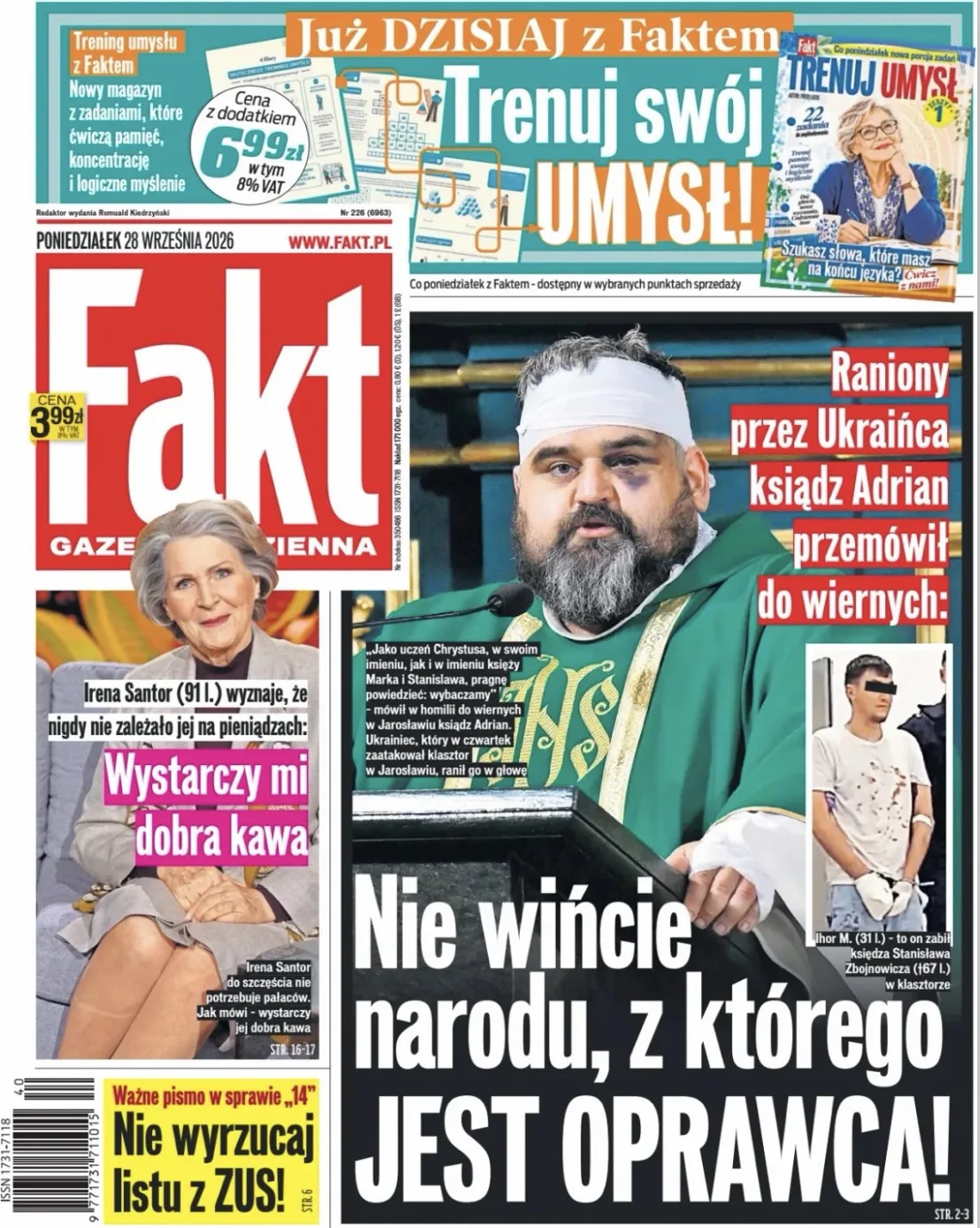 На первой полосе польской газеты Fakt сегодня - ксендз Адриан, которого ранил украинец ...
