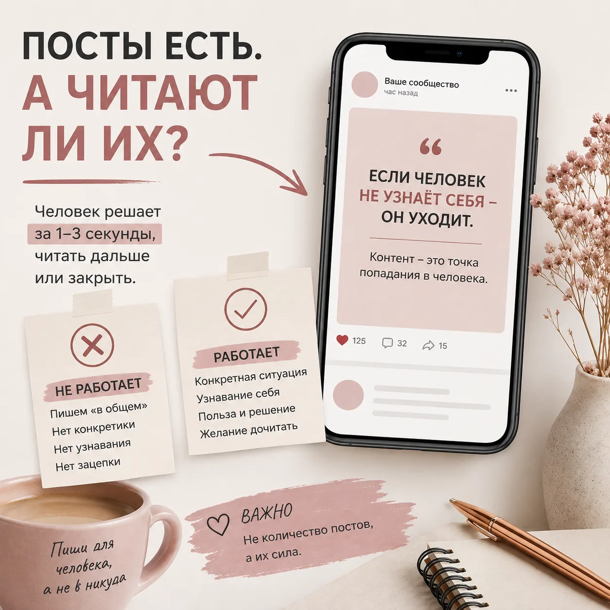 Посты есть. А читают ли их?

Можно настроить обложку, сделать описание, поставить закреп и даже выст