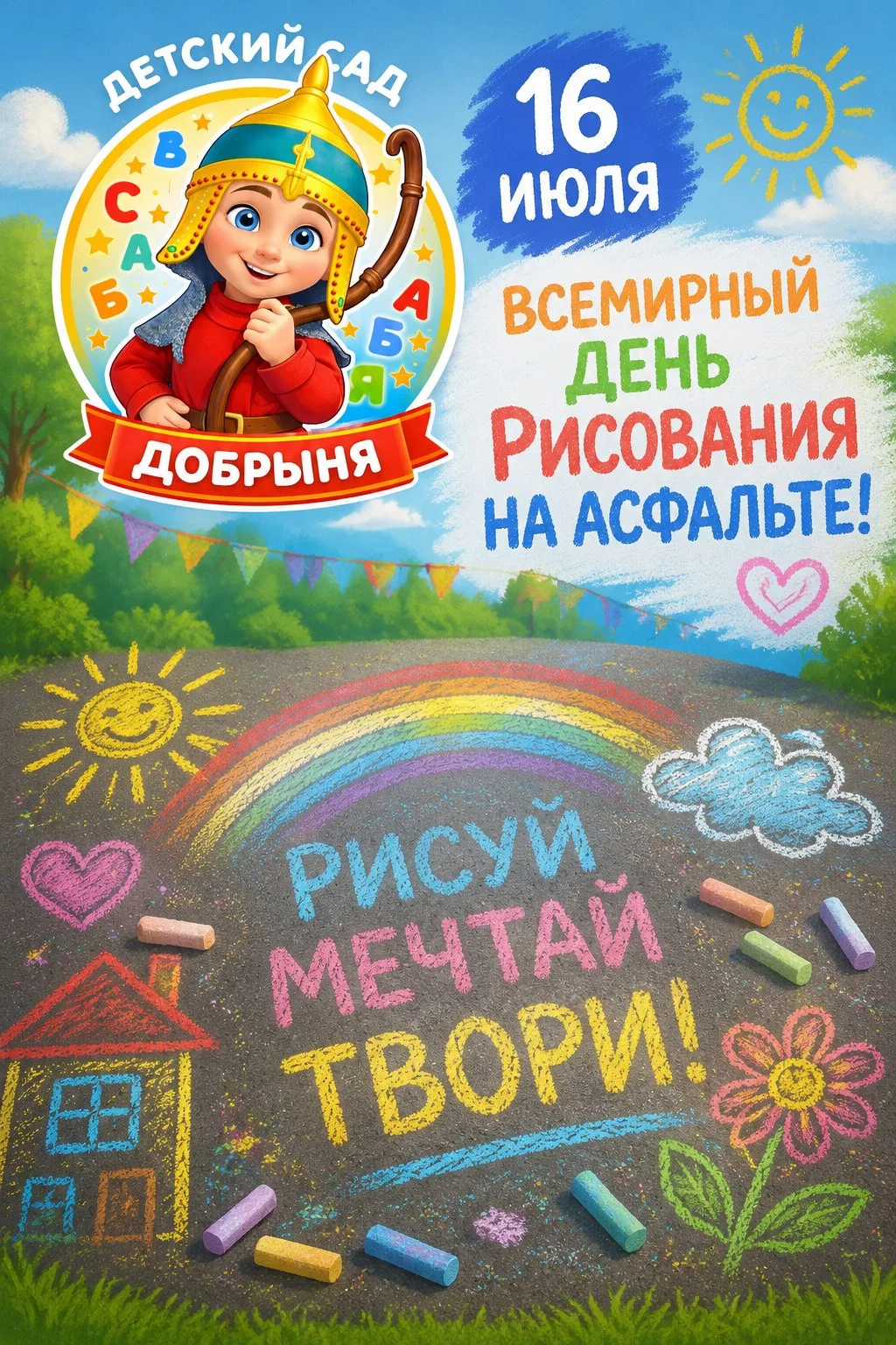 Наш асфальт расцвел! 🎨🌈

Знаете ли вы, что 16 июля отмечается Всемирный день рисования на асфальте