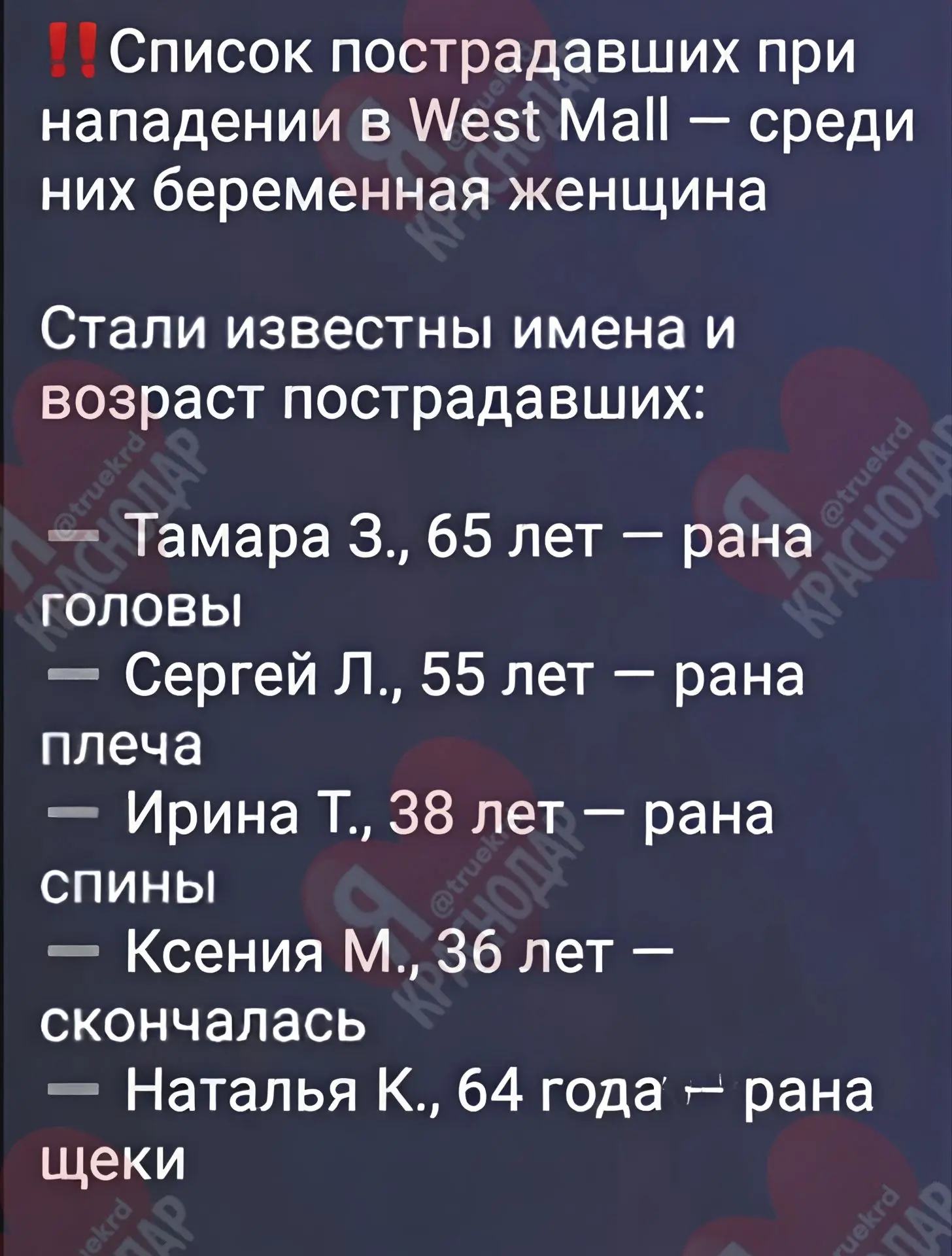 Список пострадавших при нападении в West Mall.