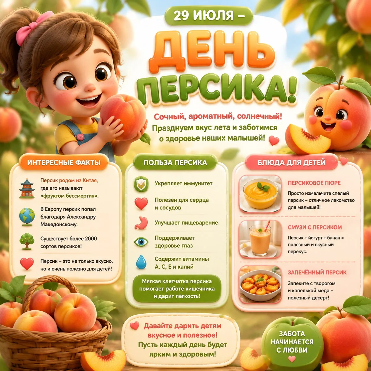 🗓 29 июля — День персика. 🍑

Сегодня рассказываем детям про персик: откуда он пришёл, какой бывает