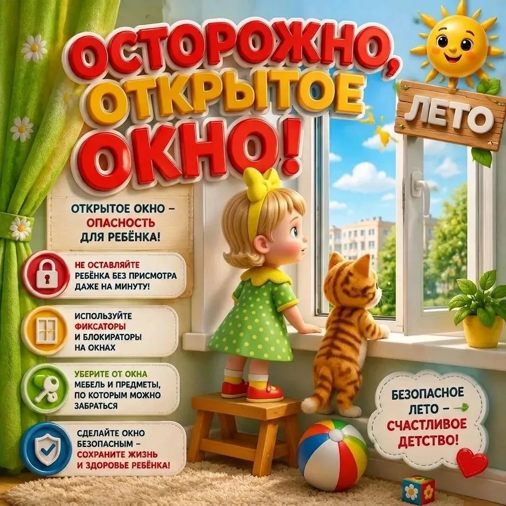 🪟 Безопасность дома: открытое окно — скрытая угроза!

☀️ Летом мы чаще проветриваем, но для ребёнка