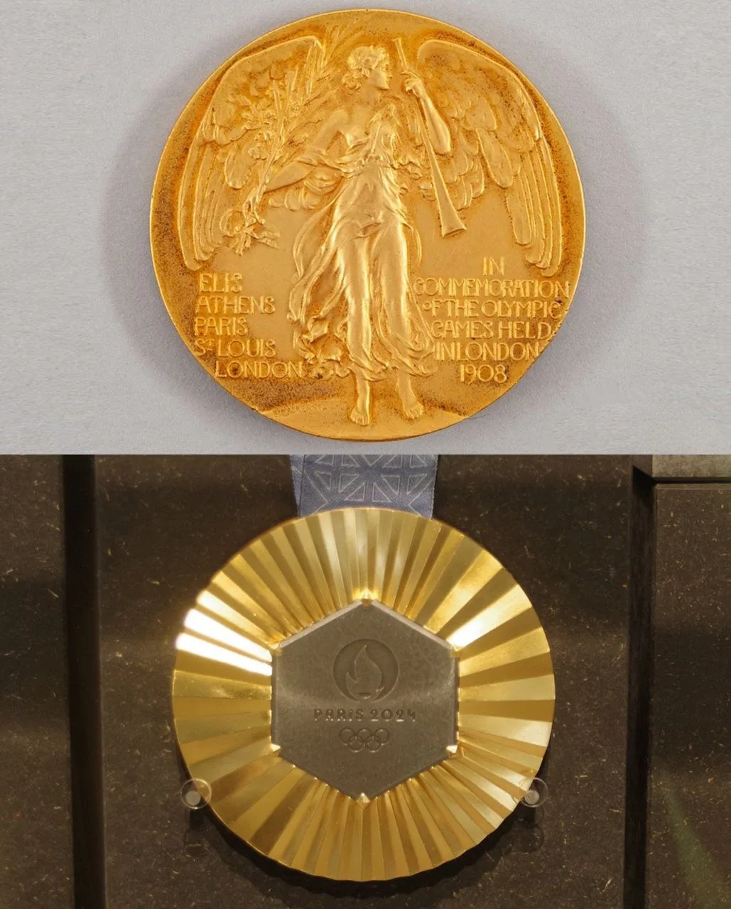 С 1904 по 1912 гг. олимпийские медали делались целиком из золота, серебра и бронзы. Далее перешли к 