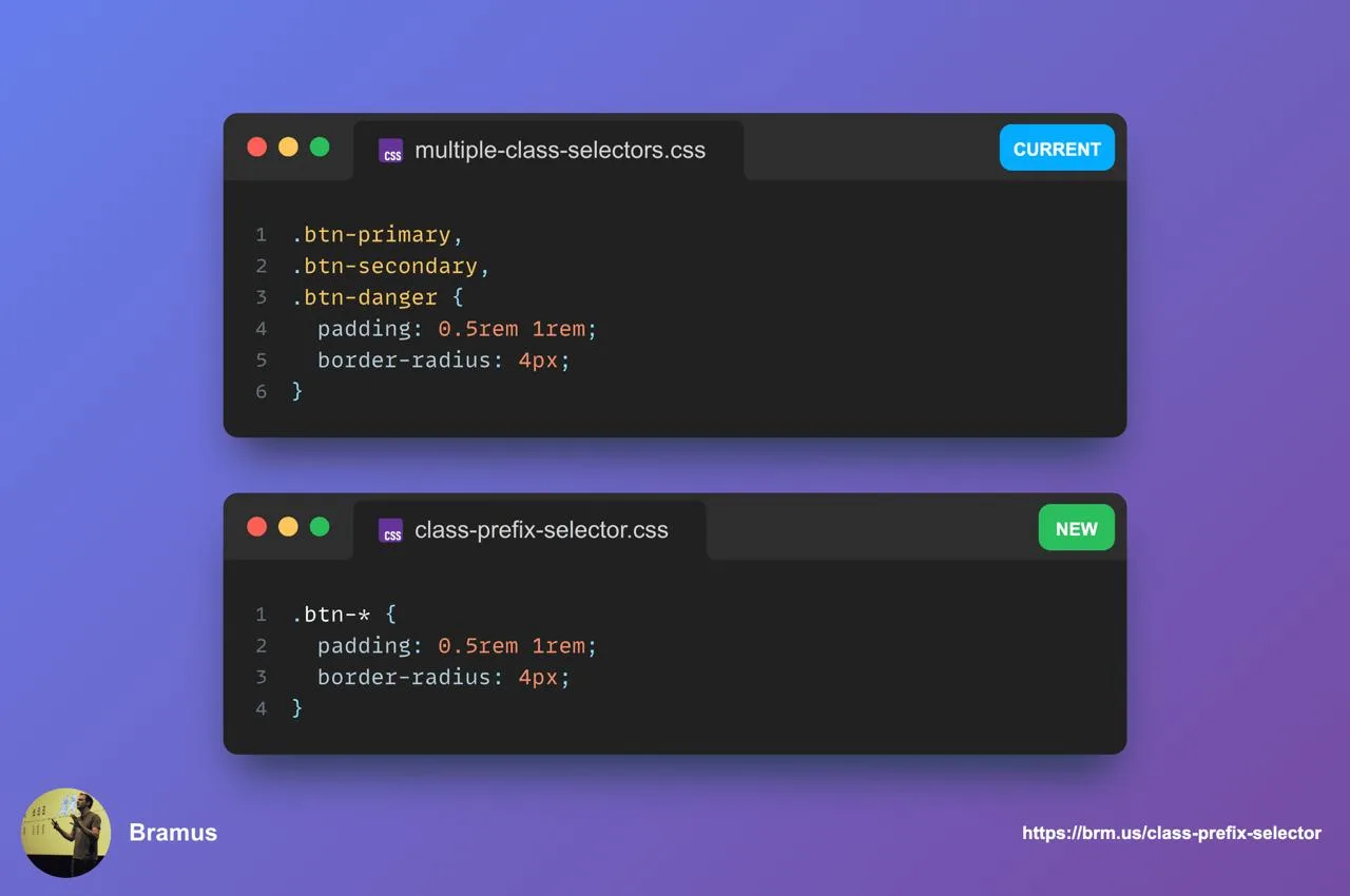 Вместо списка из .btn-primary, .btn-secondary и .btn-danger в CSS появится один .btn-*
