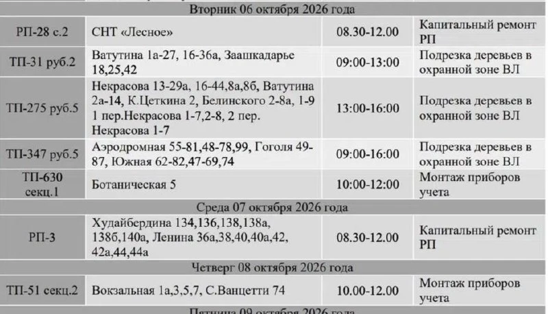 На этой неделе часть адресов останется без электричества.