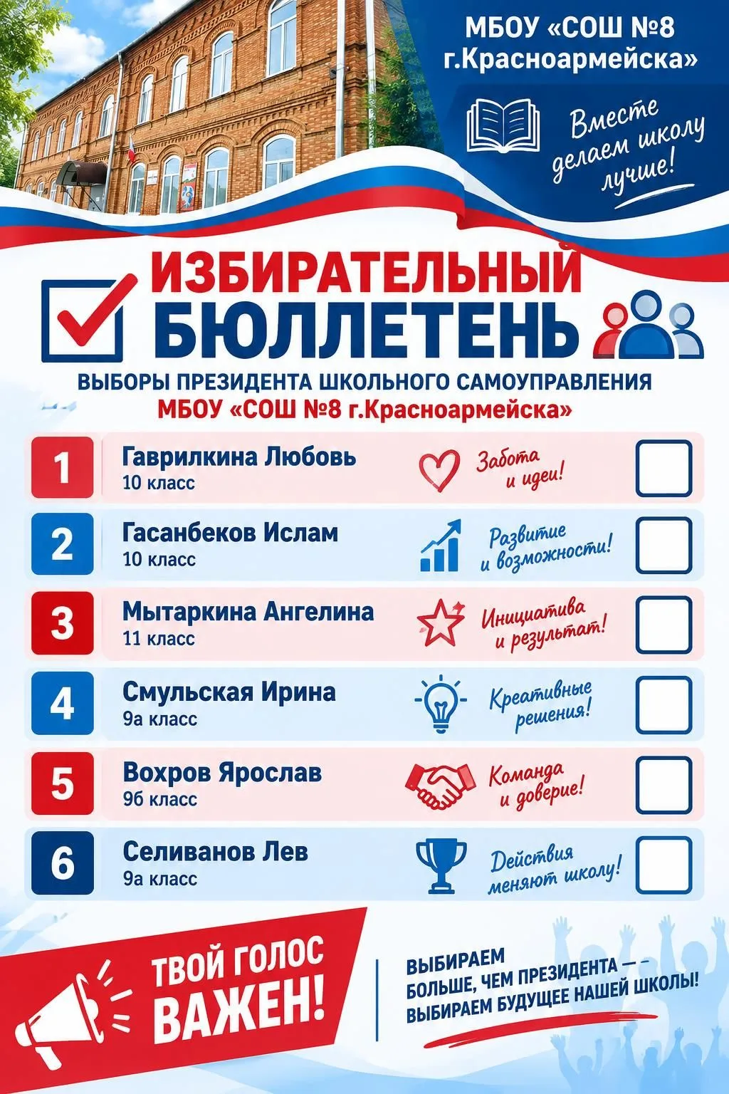 ВЫБОРЫ ПРЕЗИДЕНТА ШКОЛЬНОГО САМОУПРАВЛЕНИЯ МБОУ "СОШ№8 Г. КРАСНОАРМЕЙСКА"