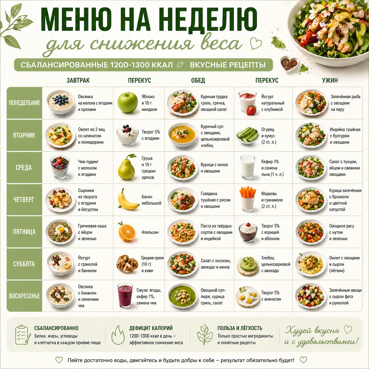 Меню на неделю для снижения веса!