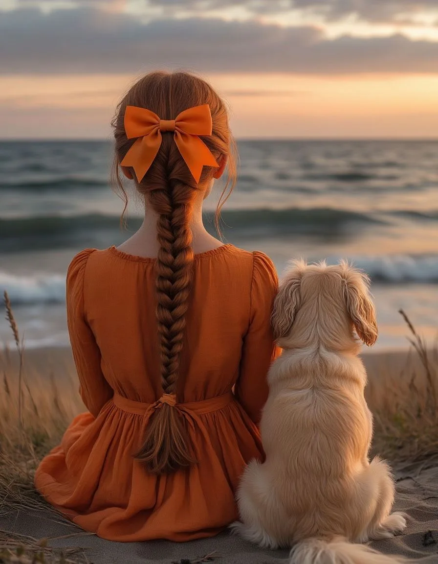 girl with reddish-blond hair, braided into a single braid and tied with a large orange bow in a rust