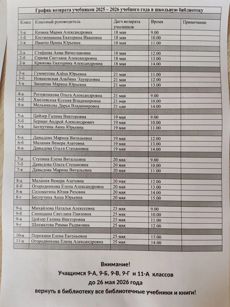 График возврата учебников