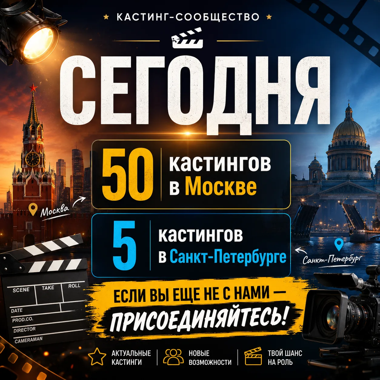 🔥 Сегодня в закрытых кастинг-чатах:

📍 50 кастингов в Москве
📍 5 кастингов в Санкт-Петербурге

Но