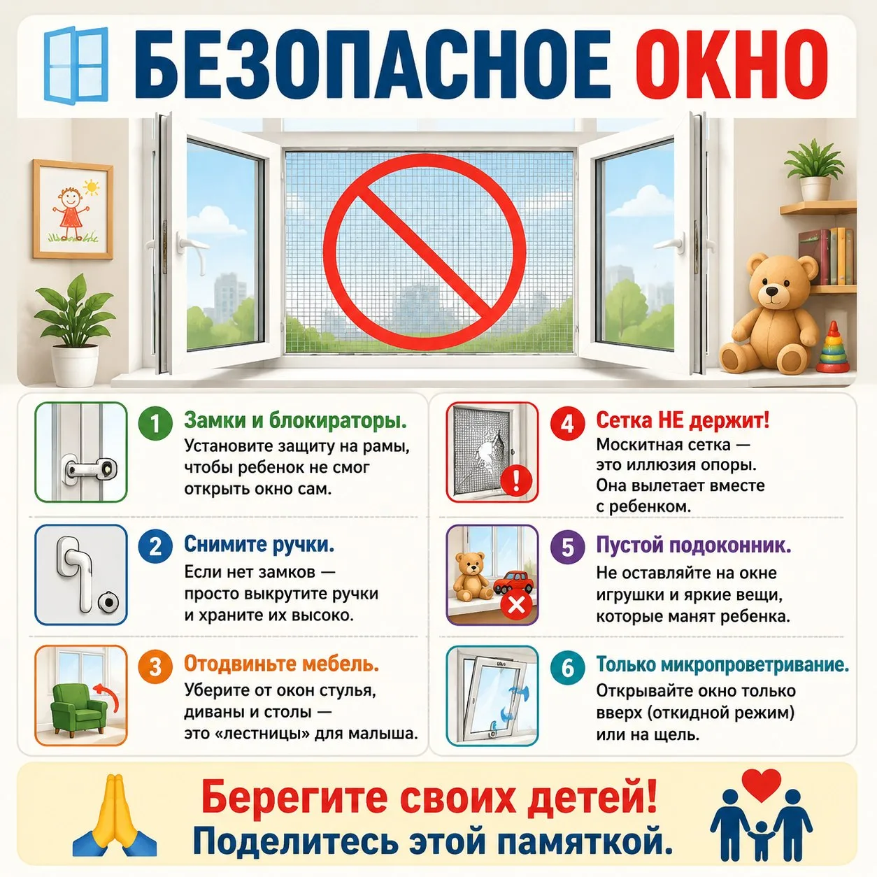 Окна под защитой: памятка для родителей

☀️ Лето, солнце, открытые окна… Важно помнить о безопасност