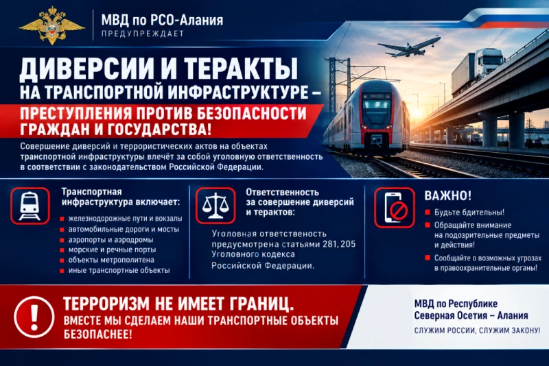 МВД по РСО-Алания предупреждает об ответственности за диверсии и теракты в отношении об...