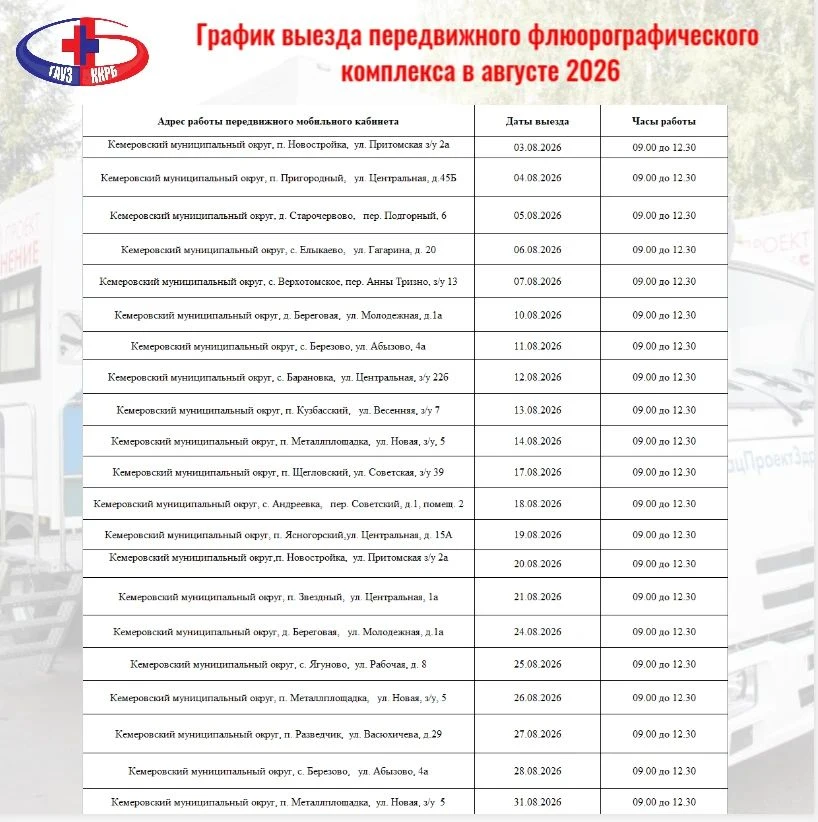 📍График выезда передвижного мобильного комплекса в августе  2026