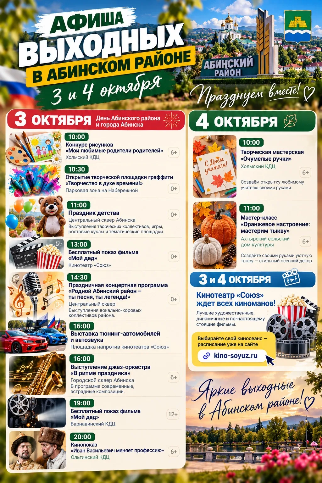 🎉 Афиша выходных в Абинском районе: куда сходить 3 и 4 октября