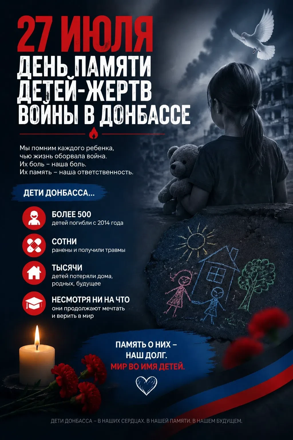 Какой сегодня день? 

27 июля - День памяти детей-жертв войны в Донбассе.🕊️

Он был учреждён в 2022