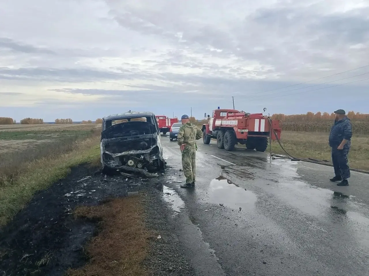 На трассе Павловск — Колыванское произошло возгорание автомобиля «Газель» на газовом то...