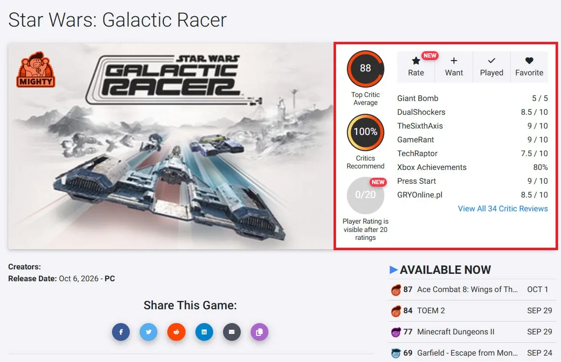 Критики высоко оценили Star Wars: Galactic Racer, присвоив игре 88 баллов на агрегатора...