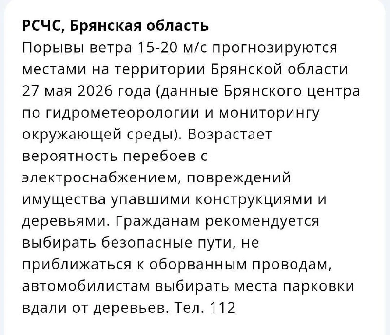 Штормовой ветер накроет завтра Брянскую область  По данным Брянского гидрометцентра 27 мая местами п