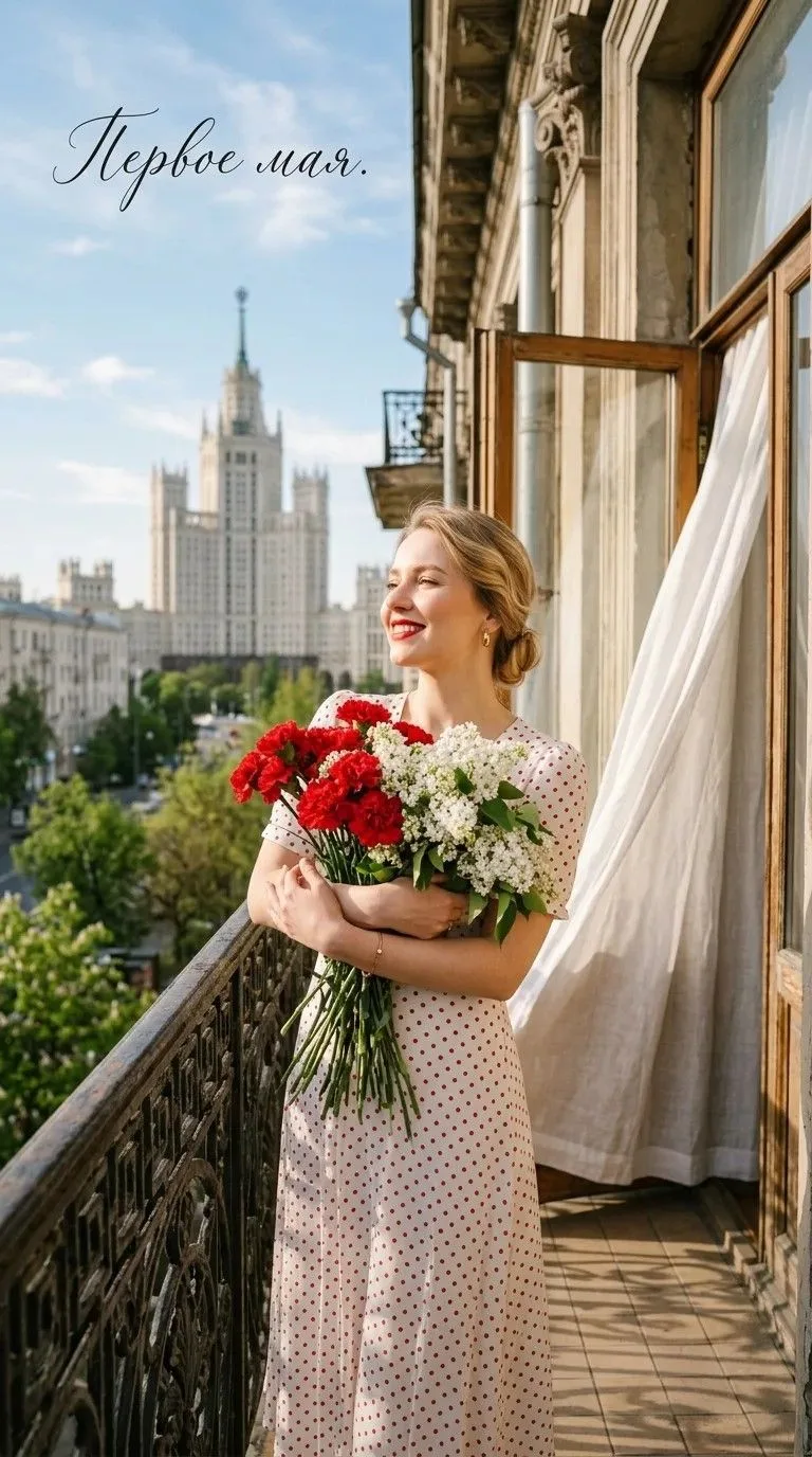 Кинематографичный портретный кадр, 8K, стилистика киноплёнки Kodak Portra. Раннее майское утро. Крас