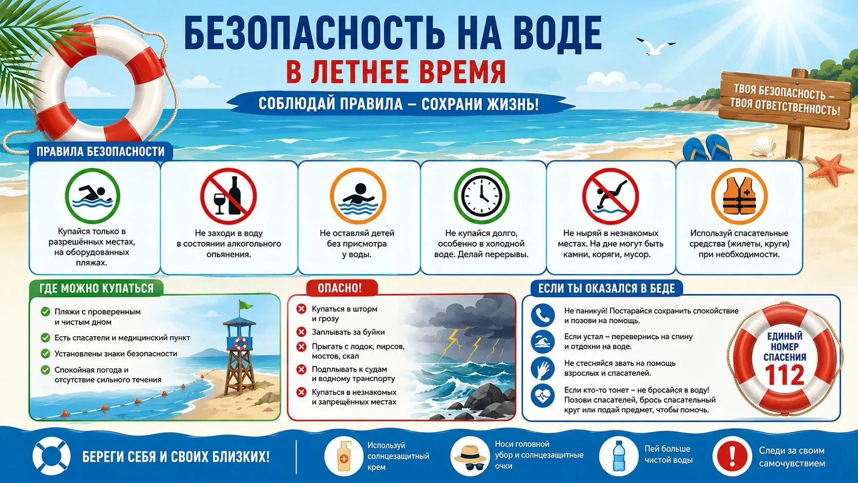 🌊 Правила безопасности на воде: напоминаем о главном. 

Лето в разгаре, и многие горожане предпочит