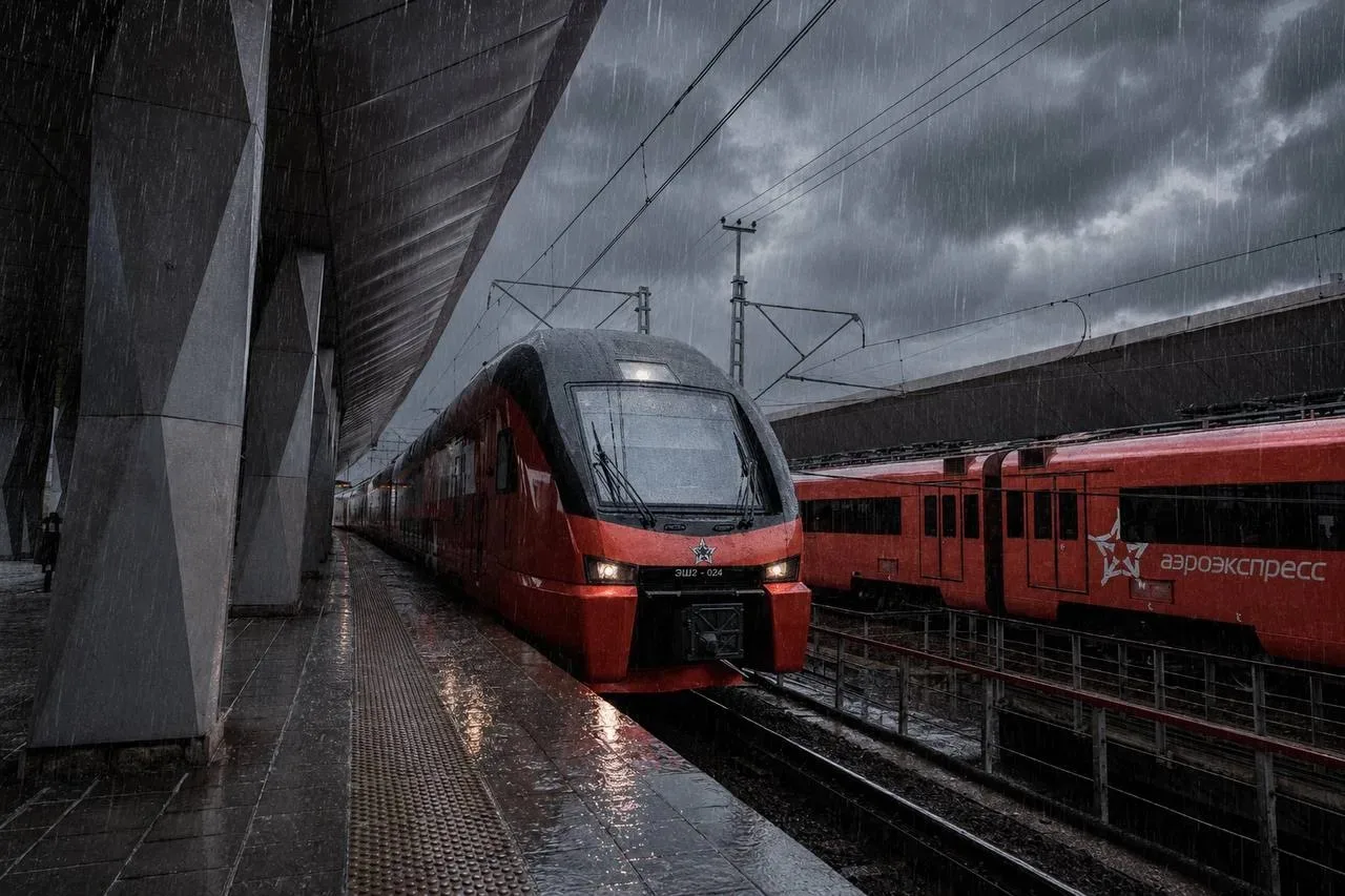 🚂 Несмотря на сильный дождь поезда Аэроэкспресс следуют в аэропорты Шереметьево и Домодедово по рас