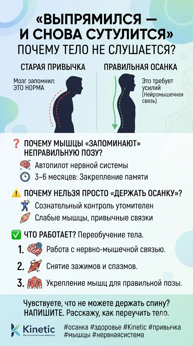 򈀠«ВЫПРЯМИЛСЯ — И СНОВА СУТУЛИТСЯ». ПОЧЕМУ ТЕЛО НЕ СЛУШАЕТСЯ?

Вы выпрямили спину. Свели лопатки. Де