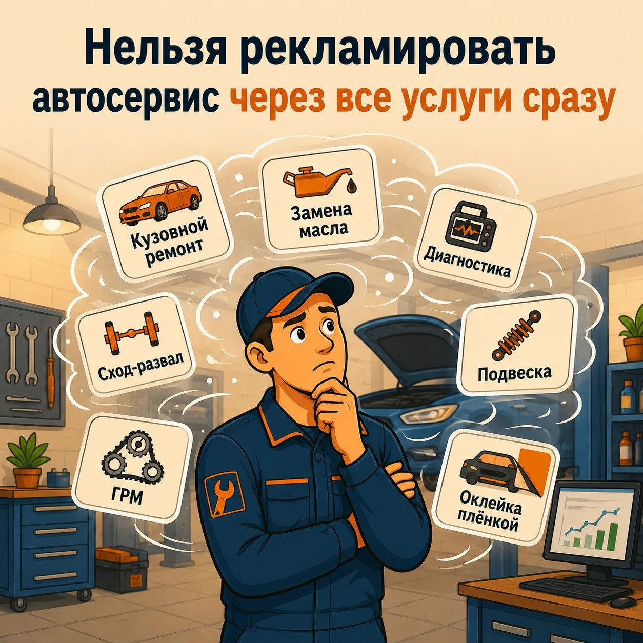 Нельзя рекламировать автосервис через все услуги сразу

Кузовной ремонт, замена масла, диагностика, 