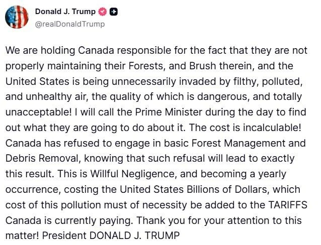 📸 Трамп обвинил Канаду в халатности при уходе за лесами, из-за чего дым от канадских п...