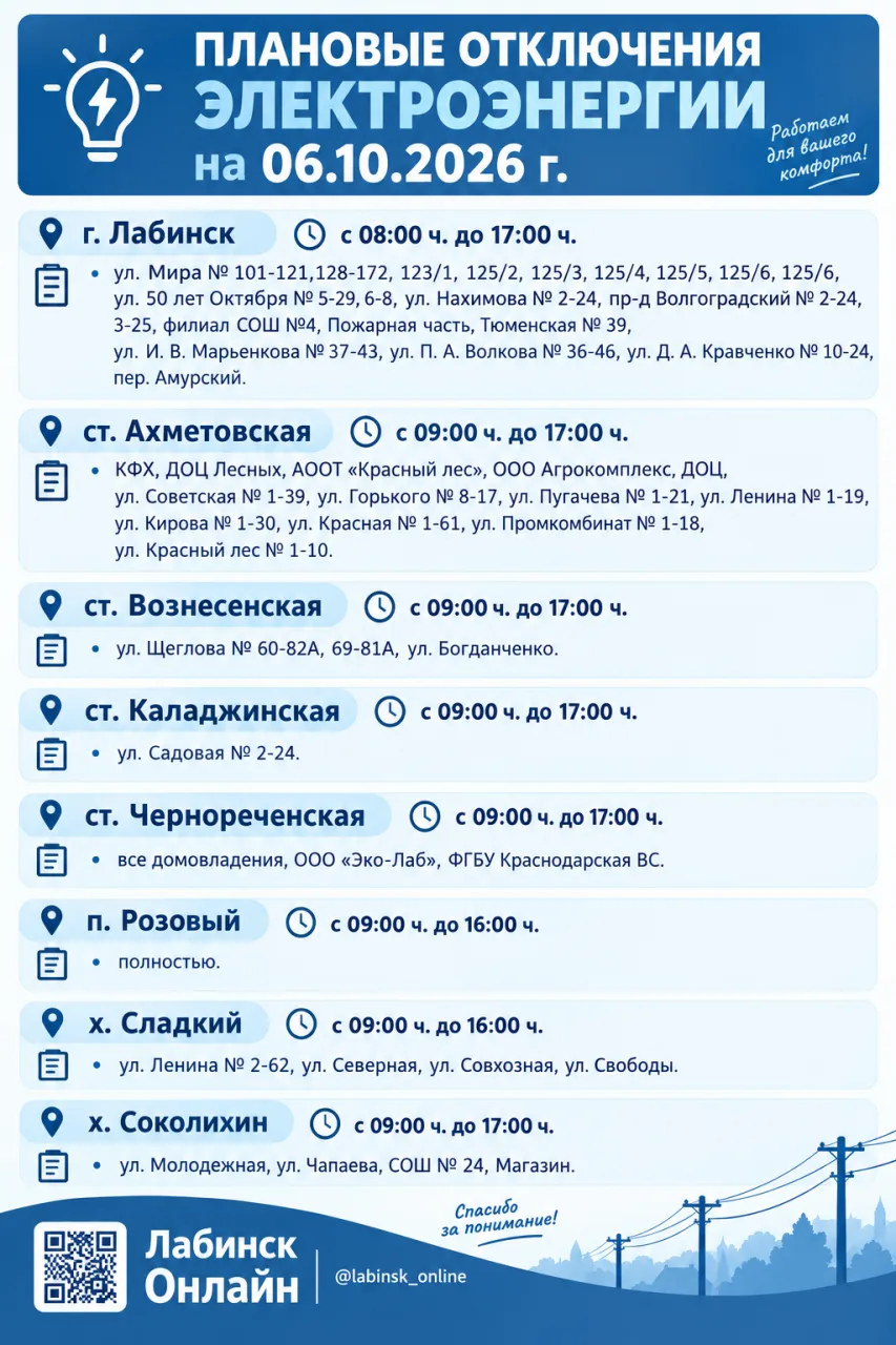 ⚡ Плановые отключения электроэнергии 6 октября