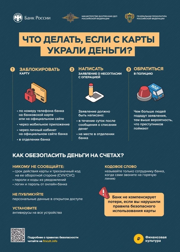 С КАРТЫ УКРАЛИ ДЕНЬГИ
Пришло СМС, что с карты списали деньги, но вы ничего не покупали, переводы не 
