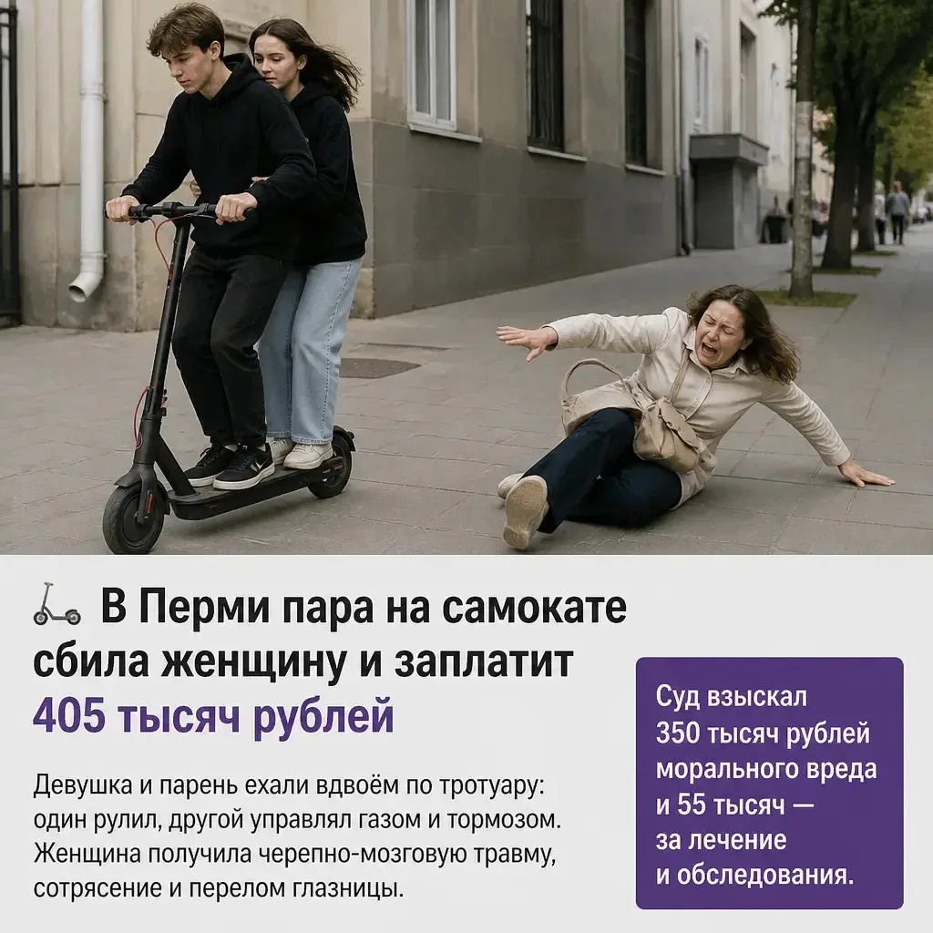 🛴 В Перми пара на самокате сбила женщину и заплатит 405 тысяч рублей