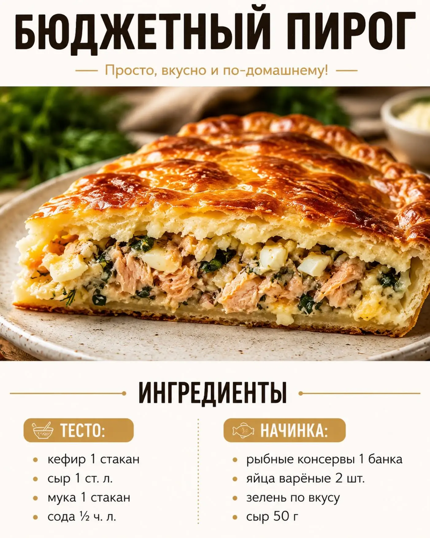 🥧 БЮДЖЕТНЫЙ ПИРОГ С РЫБНОЙ НАЧИНКОЙ

📝 Ингредиенты

Тесто:
• 1 стакан кефира
• 1 ст. л. сыра
• 1 с