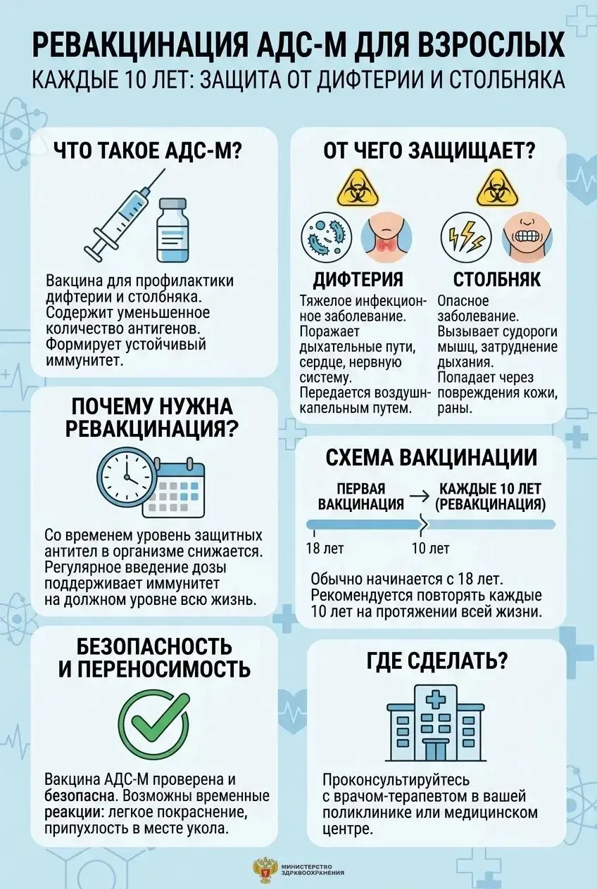 Почему взрослым нужно прививаться АДС-М каждые 10 лет?

Многие ошибочно считают, что вакцинация нужн