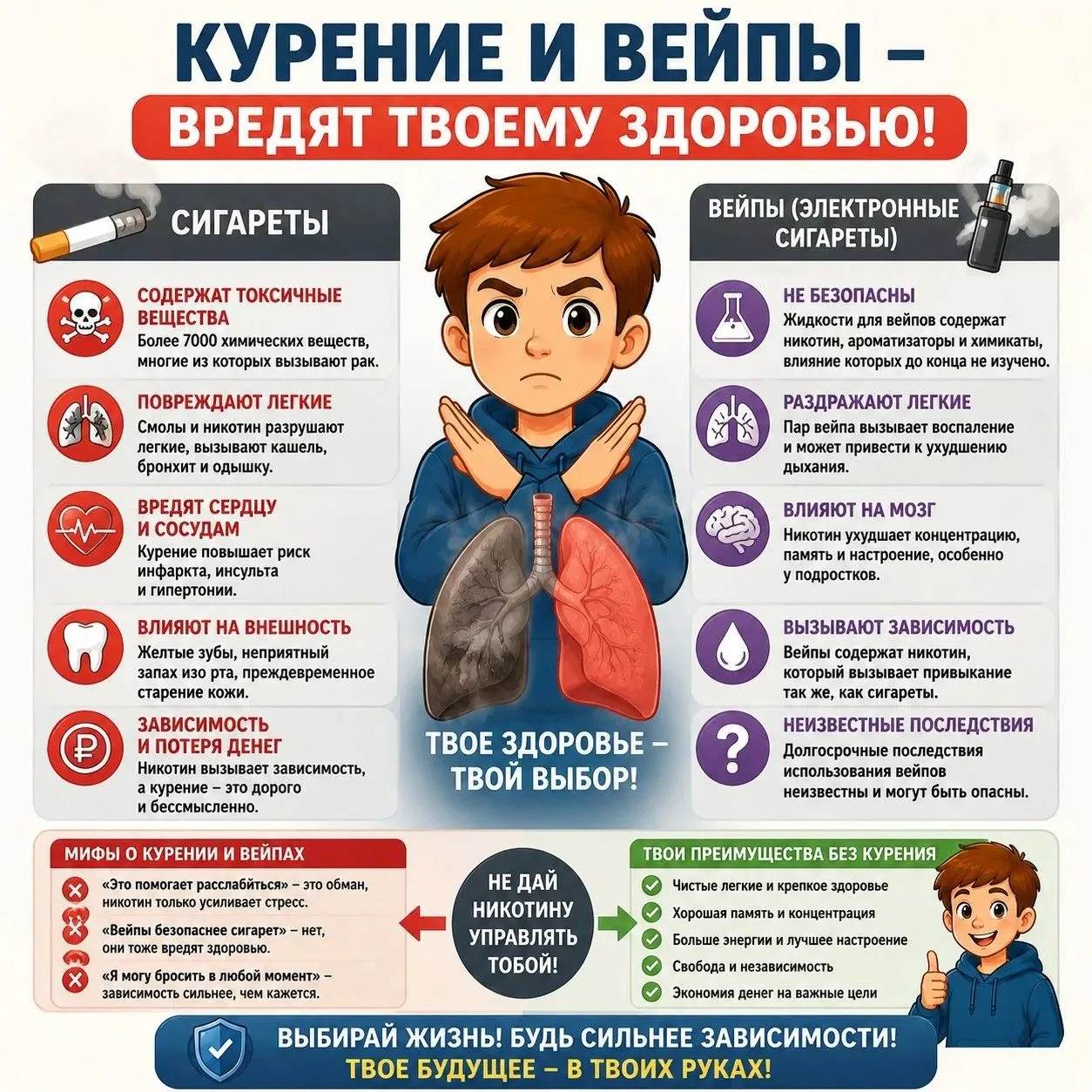 🚫 КУРЕНИЕ И ВЕЙПЫ — НЕ ТВОЙ СТИЛЬ!
Ты стоишь перед выбором: быть здоровым или поддаться на уловки р